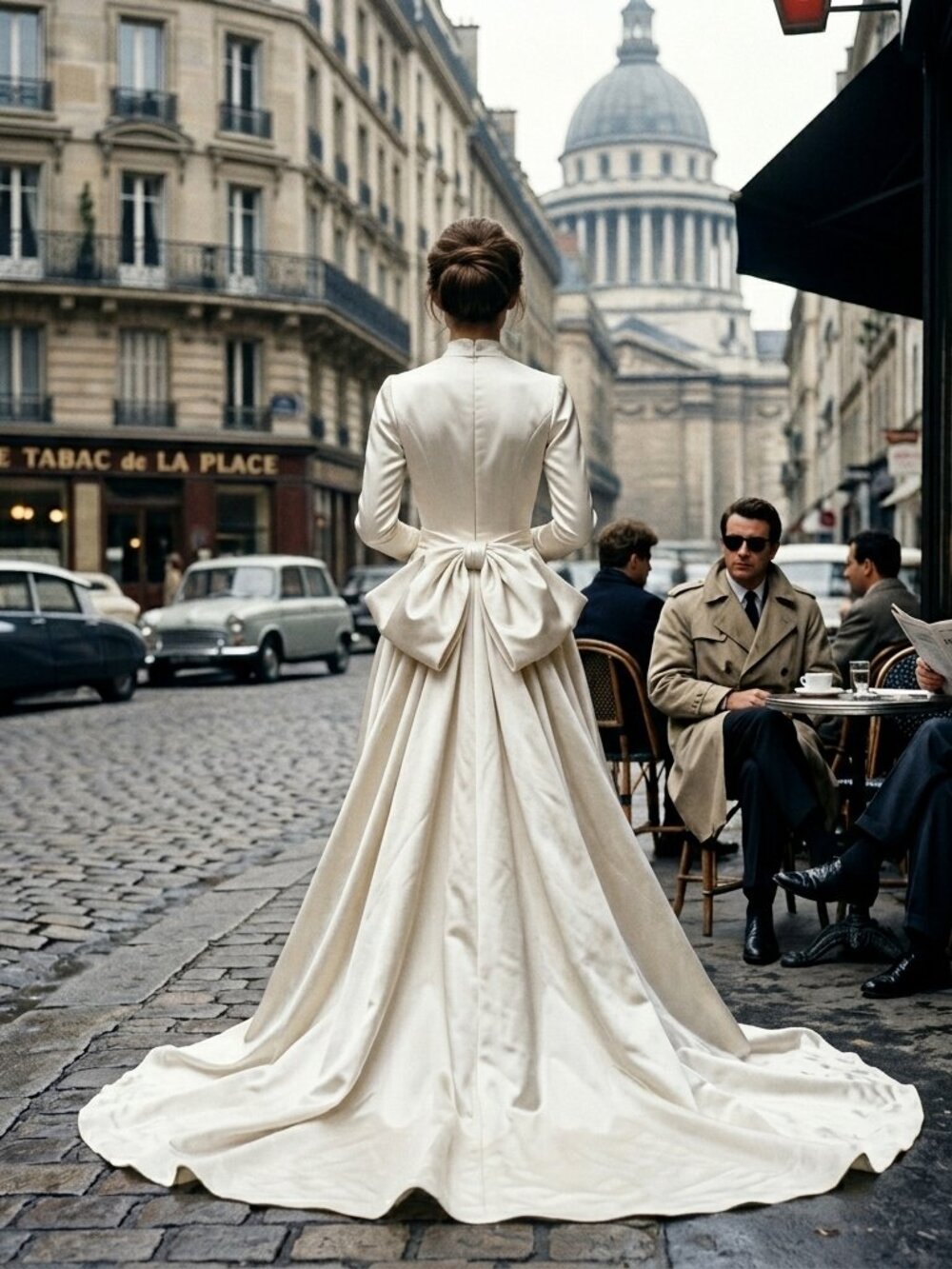 VNTG 1940’s City Paris Cathedral Train Bustle Back Satin wedding dress small